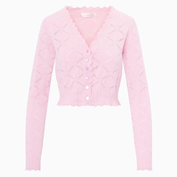NWT LoveShackFancy Petra Knit Pointelle Heart Argyle Cardigan Velour Pink | S - Picture 4 of 11